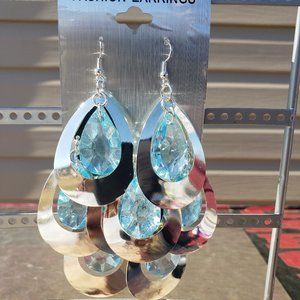 4.5" Blue/Silver Large Tear Drop Earrings